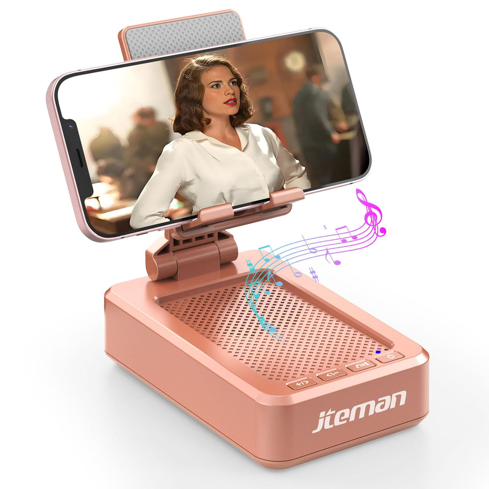 JTEMAN front view showing rose-gold stand and speaker, clear hands-free benefit