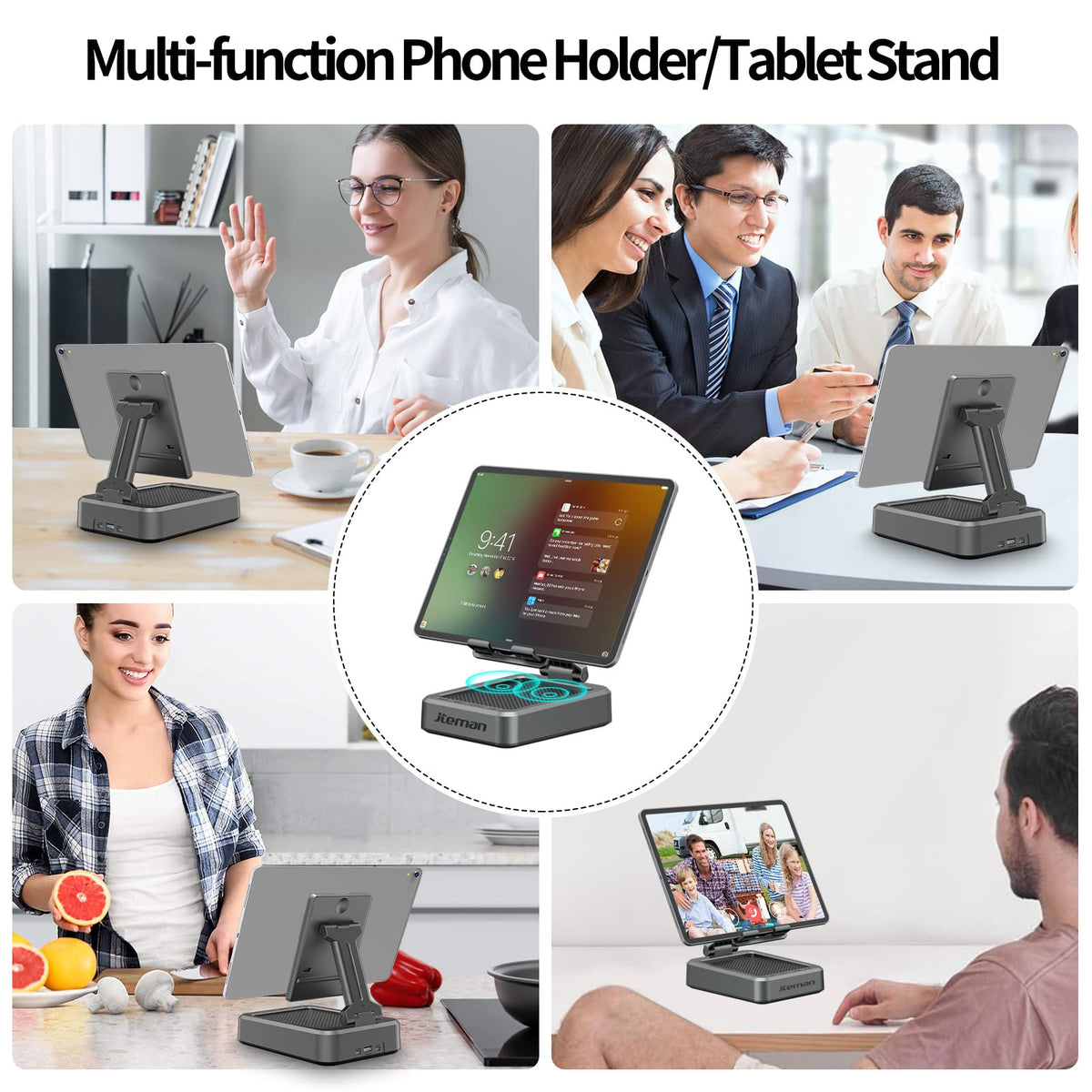 JTEMAN size comparison with iPad showing fit for large tablets and secure support