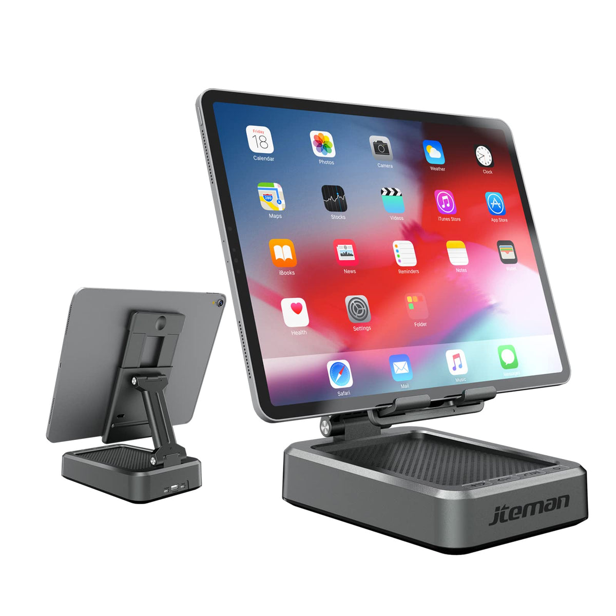 JTEMAN front view showing stand, speakers, and charging slot for convenient desktop use