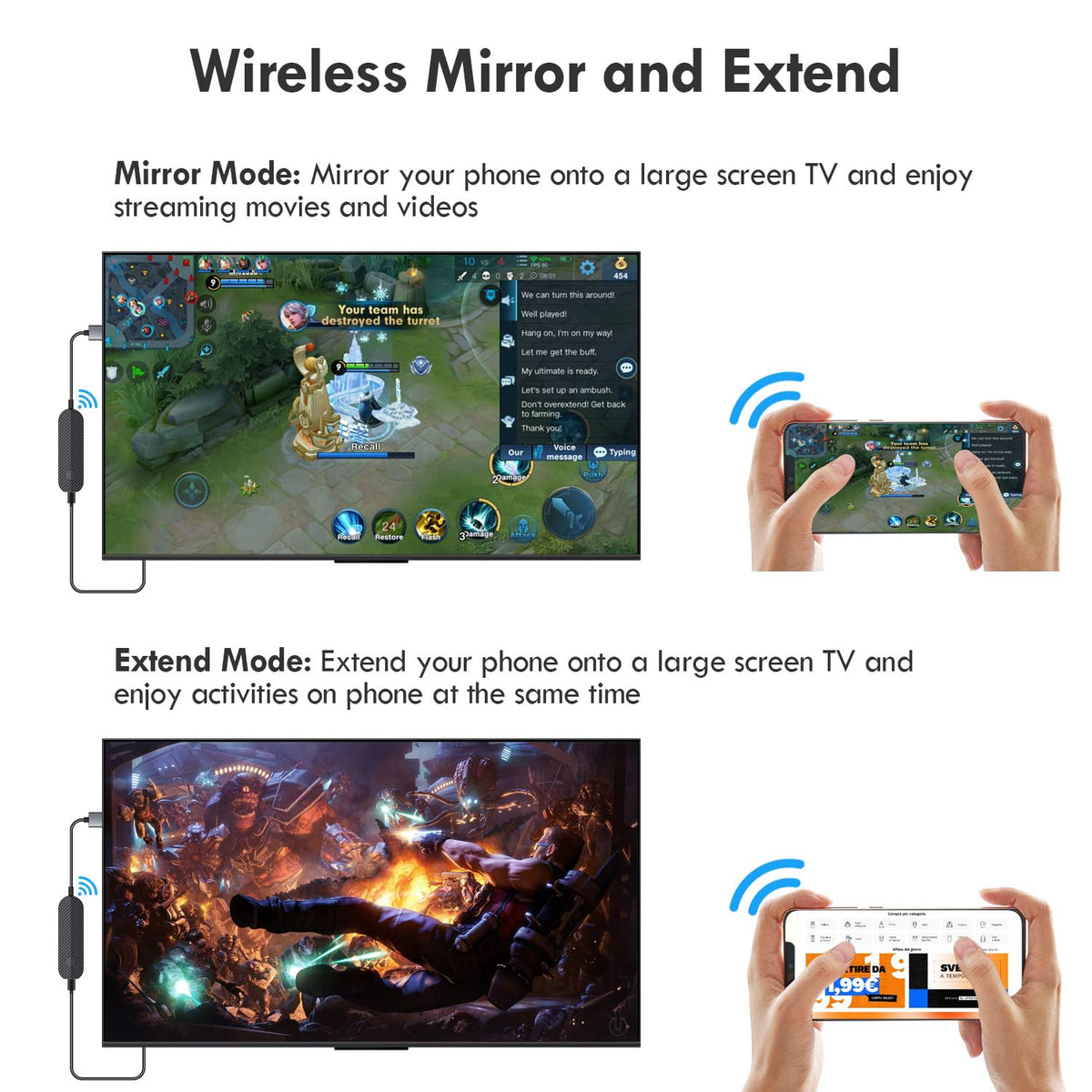 JUCONU showing phone mirroring setup, fast connection for presentations