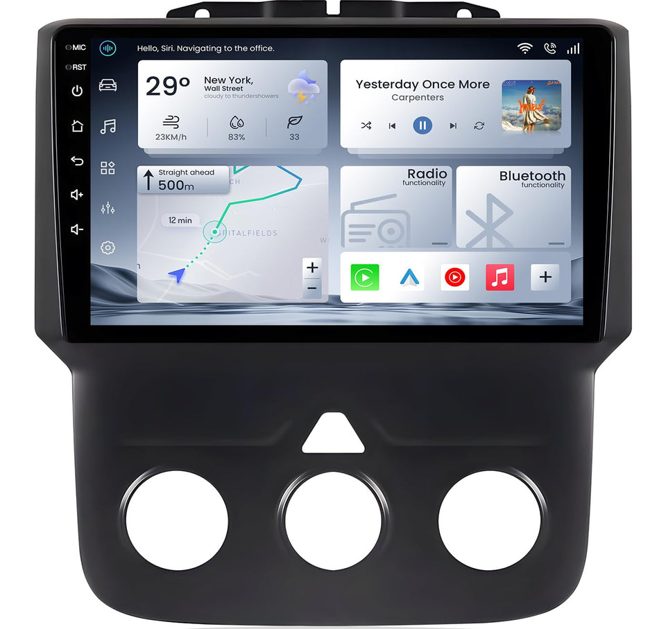 Jufodrca 9-inch Dodge Ram head unit front view with bright touchscreen for easy navigation.