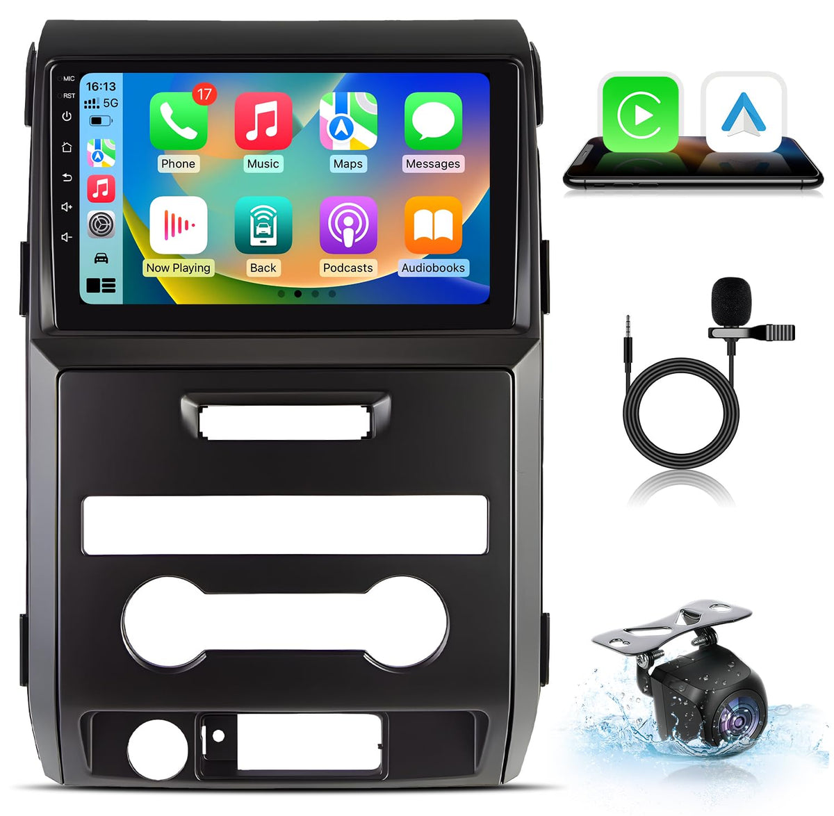 Jufodrca Ford F-150 9-inch touchscreen displaying CarPlay and Android Auto ready interface