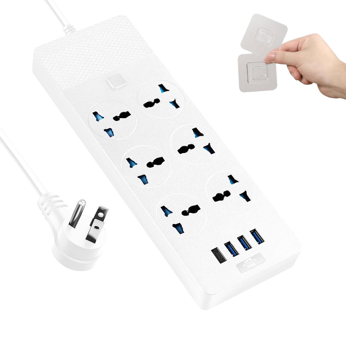 Jumpso front view of power strip showing six universal outlets and USB ports, convenient charging