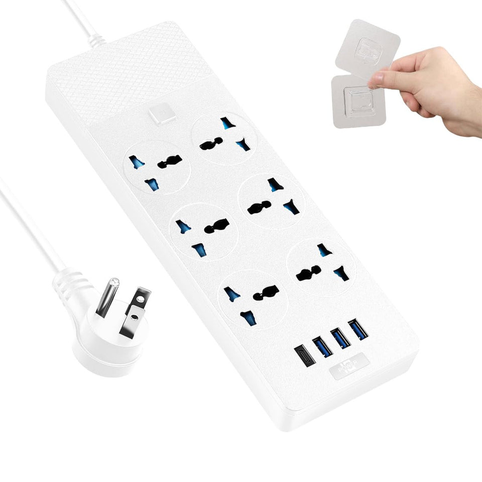 Jumpso front view of power strip showing six universal outlets and USB ports, convenient charging