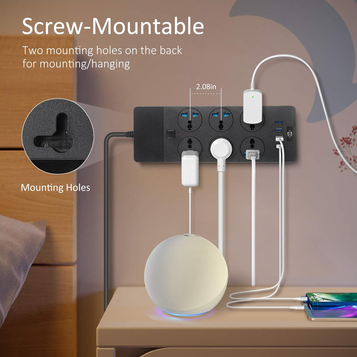 Jumpso wall-mounted under-desk installation keeping cords tidy and out of reach