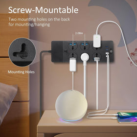 Jumpso mounted under a desk saving workspace and securing the power strip