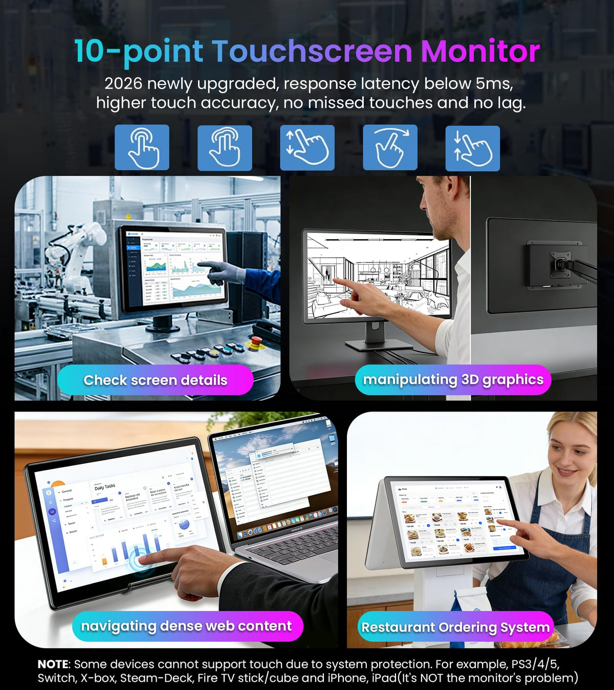 JUNEBOX 15.6-inch touchscreen monitor with 75x75 mm VESA mount supports flexible installation.