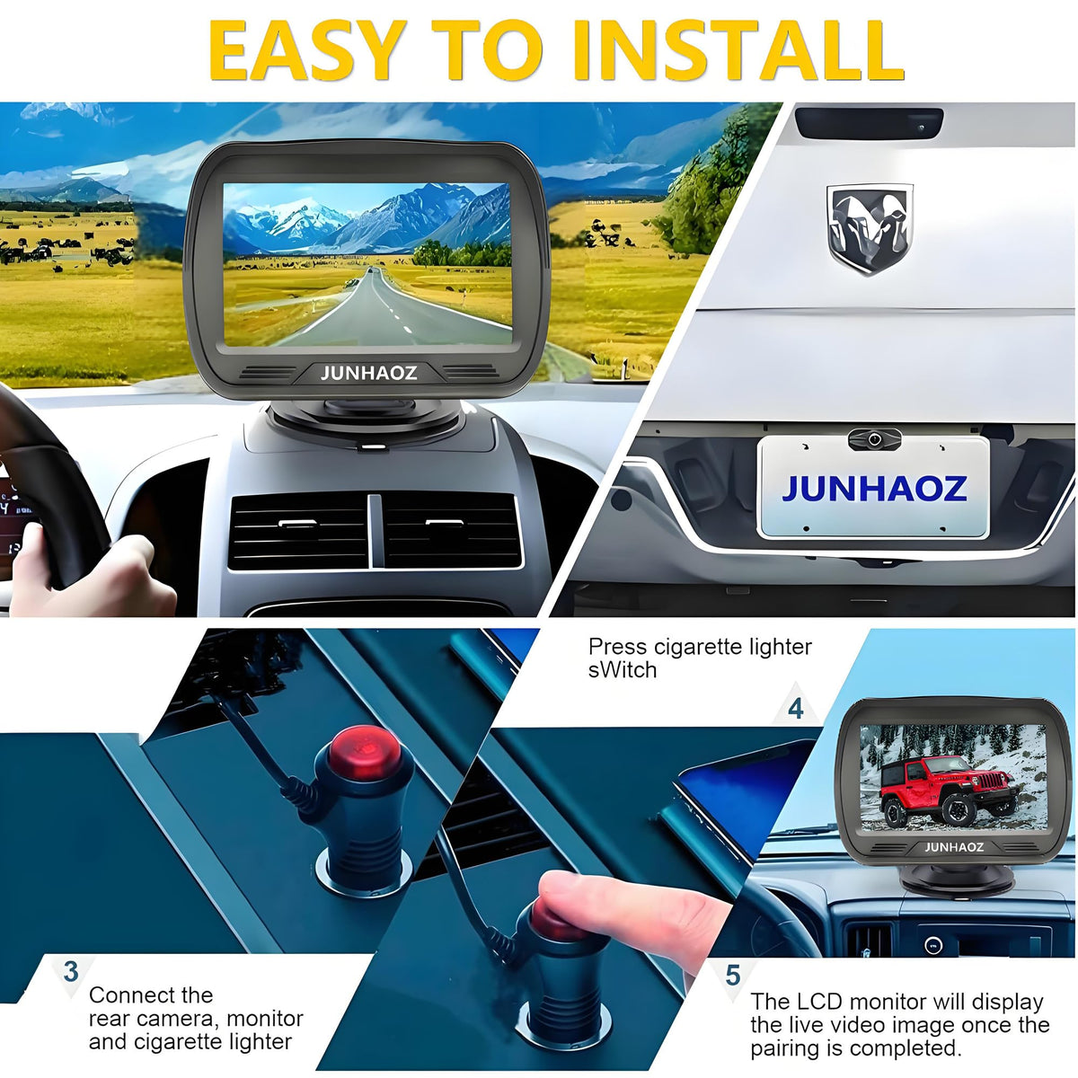 Junhaoz monitor IPS 4.3-inch displays clear images for confident maneuvers.