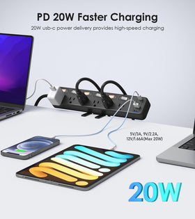 JUNNUJ power strip shows six outlets and USB-C/QC ports powering multiple devices