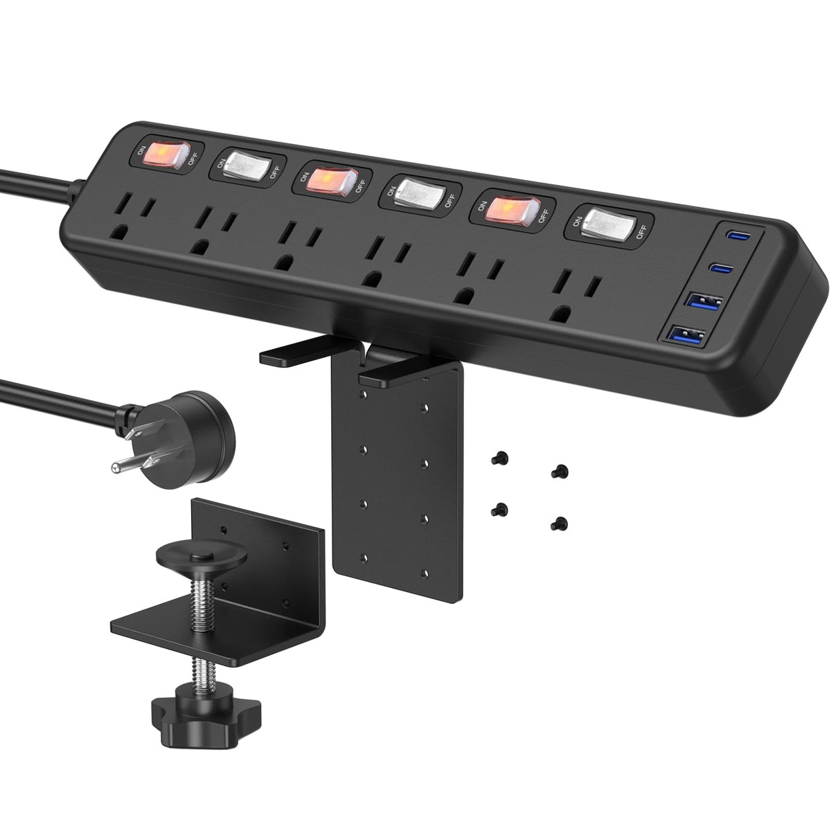 JUNNUJ clamp power strip standing desk front view with six outlets and four USB ports for organization
