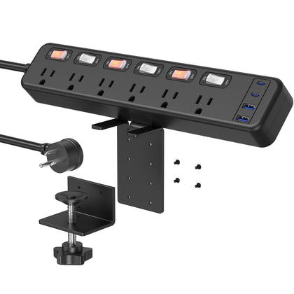 JUNNUJ clamp power strip standing desk front view with six outlets and four USB ports for organization