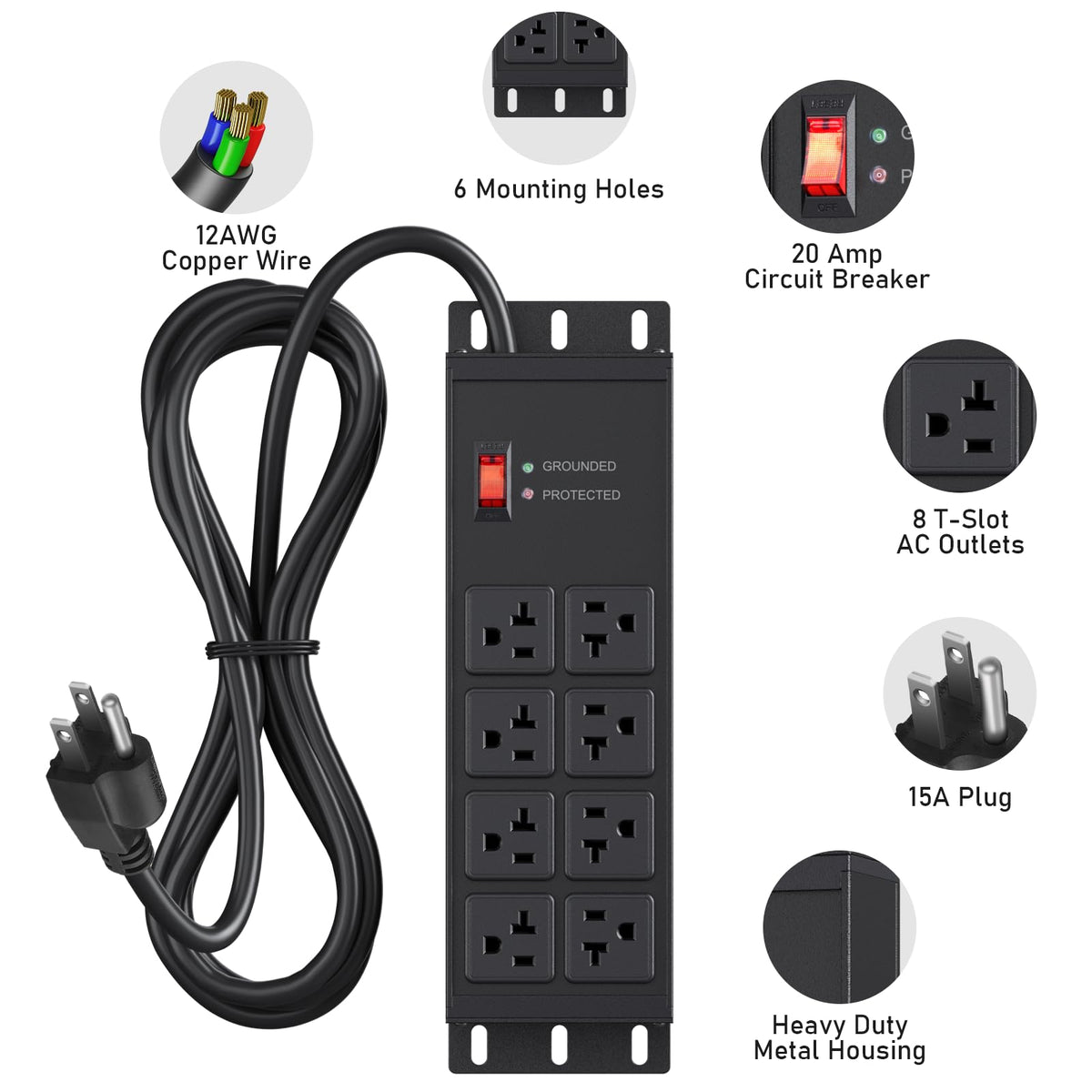 JUNNUJ close-up of wide outlet spacing to fit large plugs and adapters easily