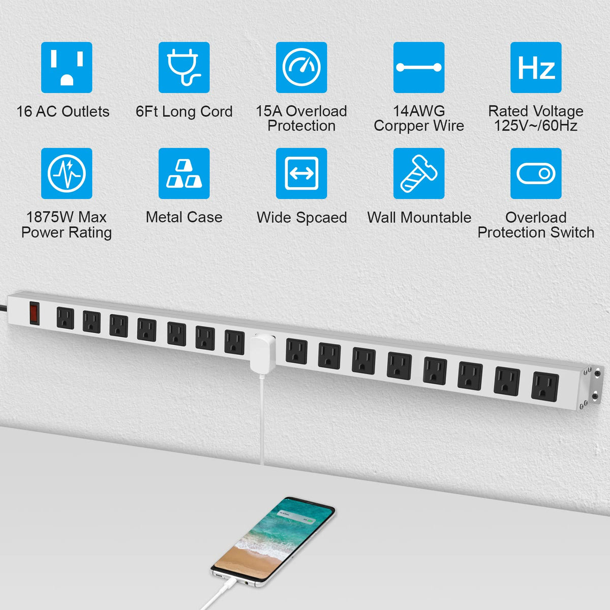 JUNNUJ close-up of wide spaced outlets showing room for large adapters