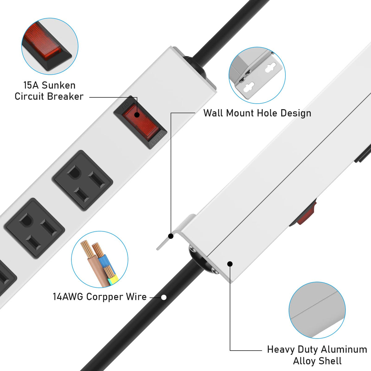 JUNNUJ heavy-duty 6ft 14AWG cord and plug connection for high current support