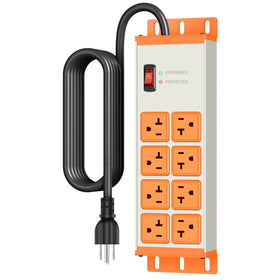 JUNNUJ front metal power strip showing eight outlets and durable finish benefit: rugged durability