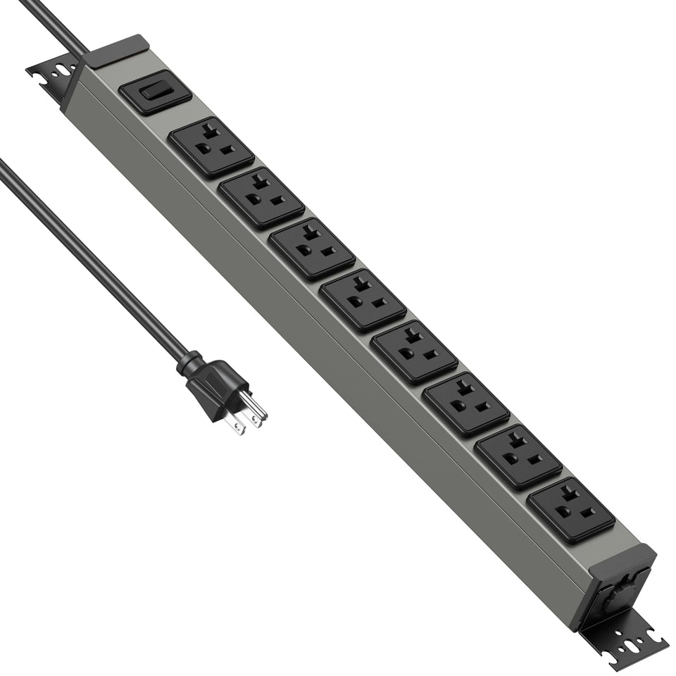JUNNUJ front view metal power strip showing 8 outlets and steel housing for durable power