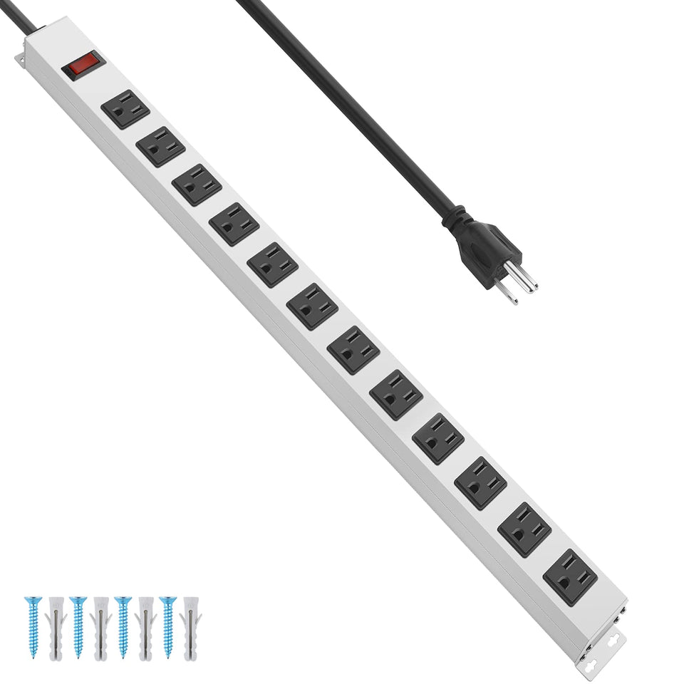 JUNNUJ front panel showing twelve outlets and sturdy metal housing for reliable power