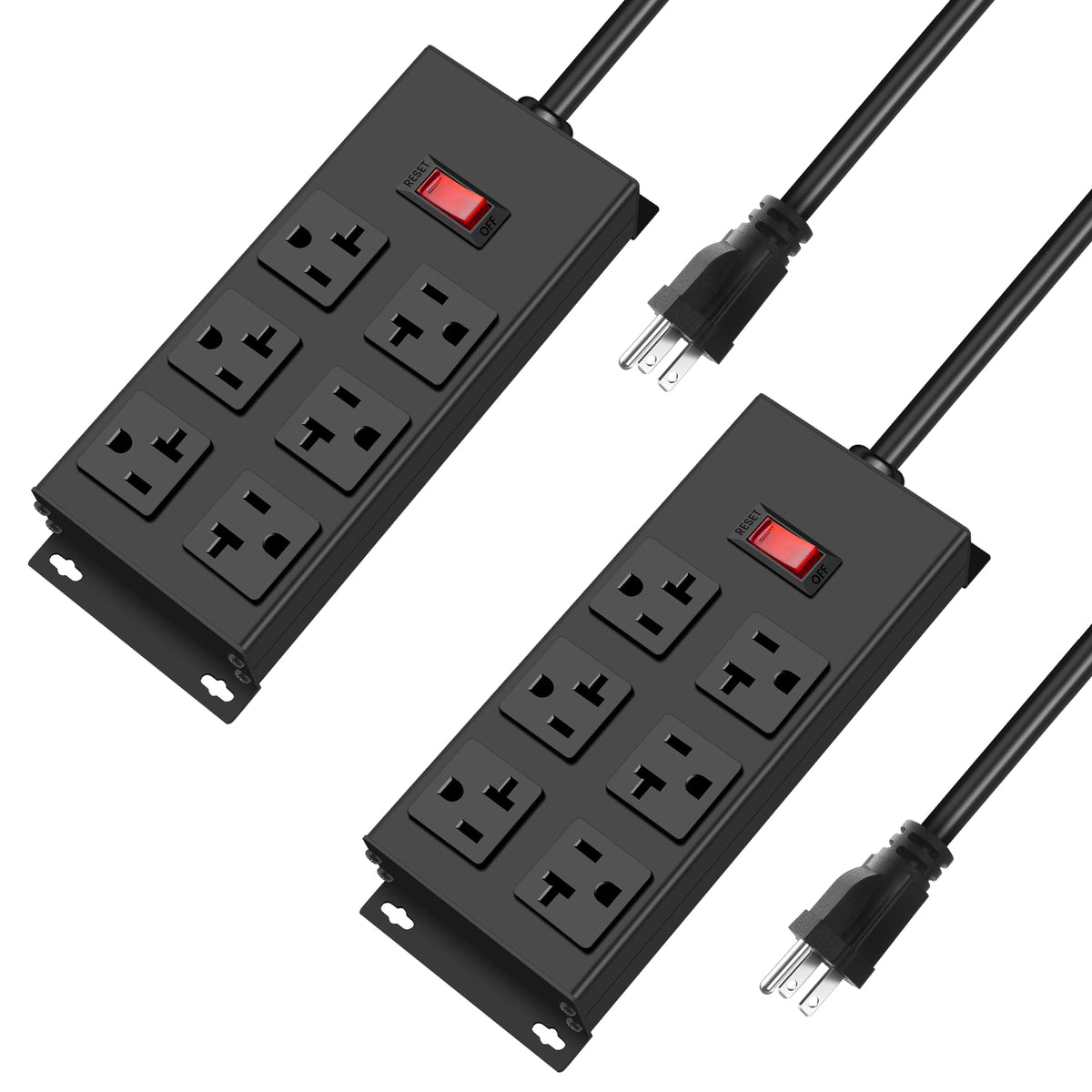 JUNNUJ front view of metal 6-outlet strip showing durable construction and capacity