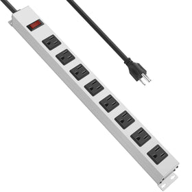 JUNNUJ front view metal power strip showing all eight outlets and switch for durable organization