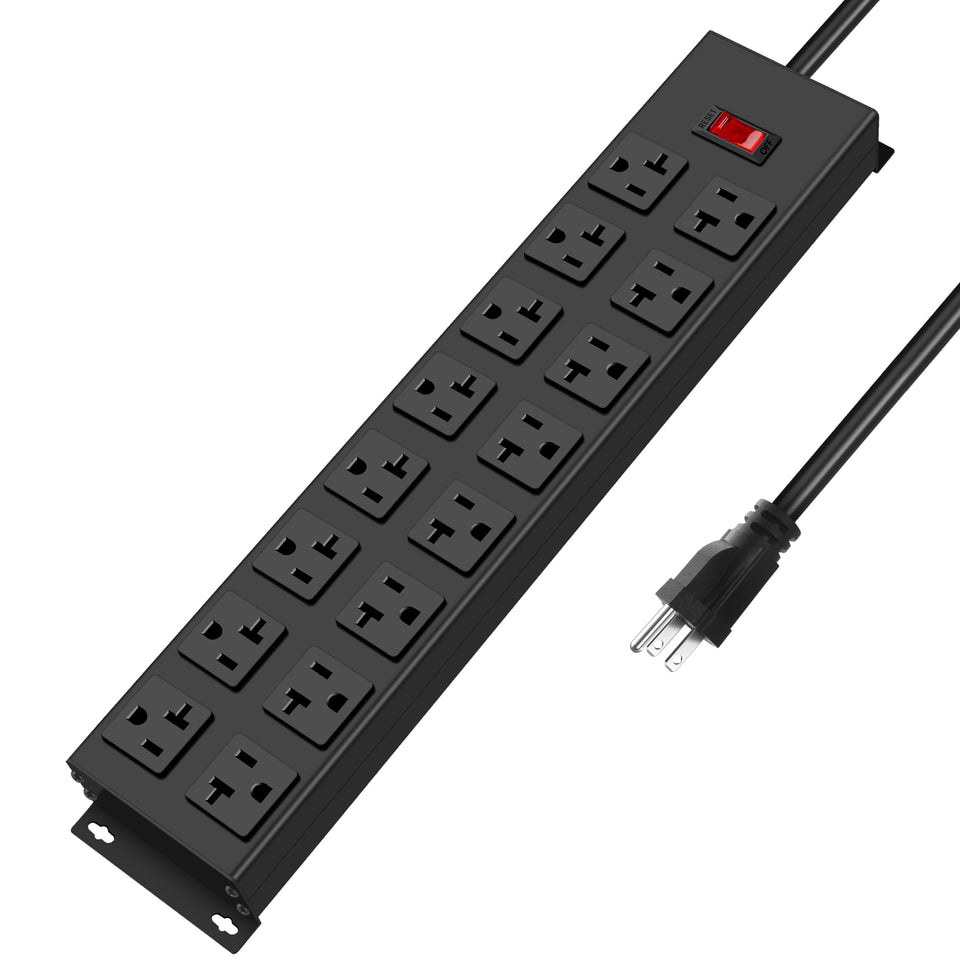 JUNNUJ front view metal power strip showing 16 outlets and rugged build for heavy use