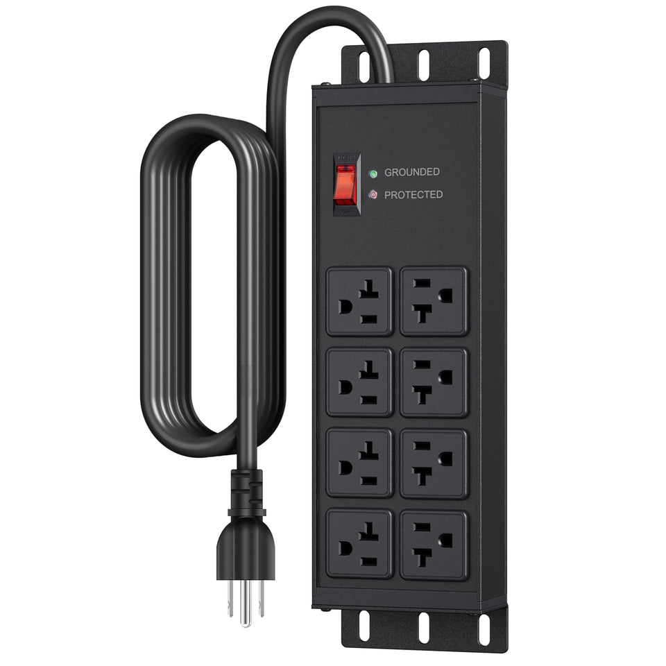 JUNNUJ front view metal power strip showing 8 outlets and rugged housing for durable use
