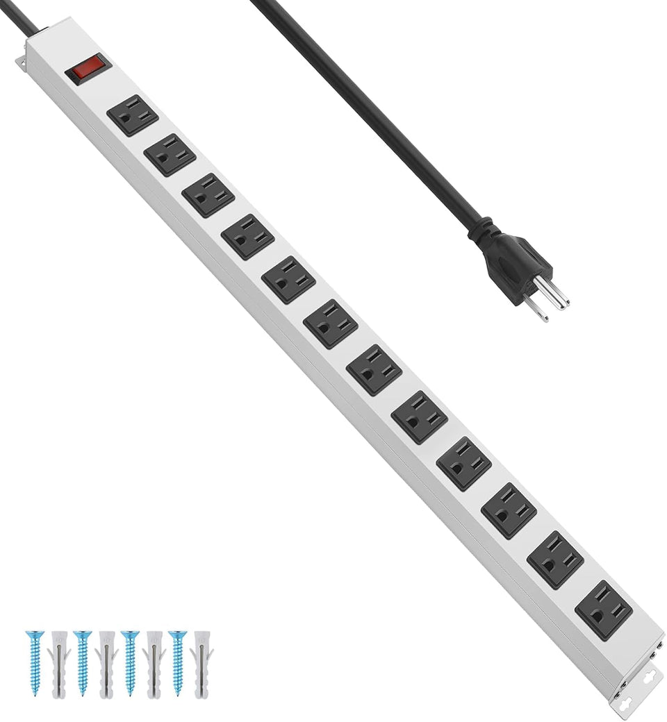 JUNNUJ front view metal power strip showing 12 outlets and rugged housing for durability