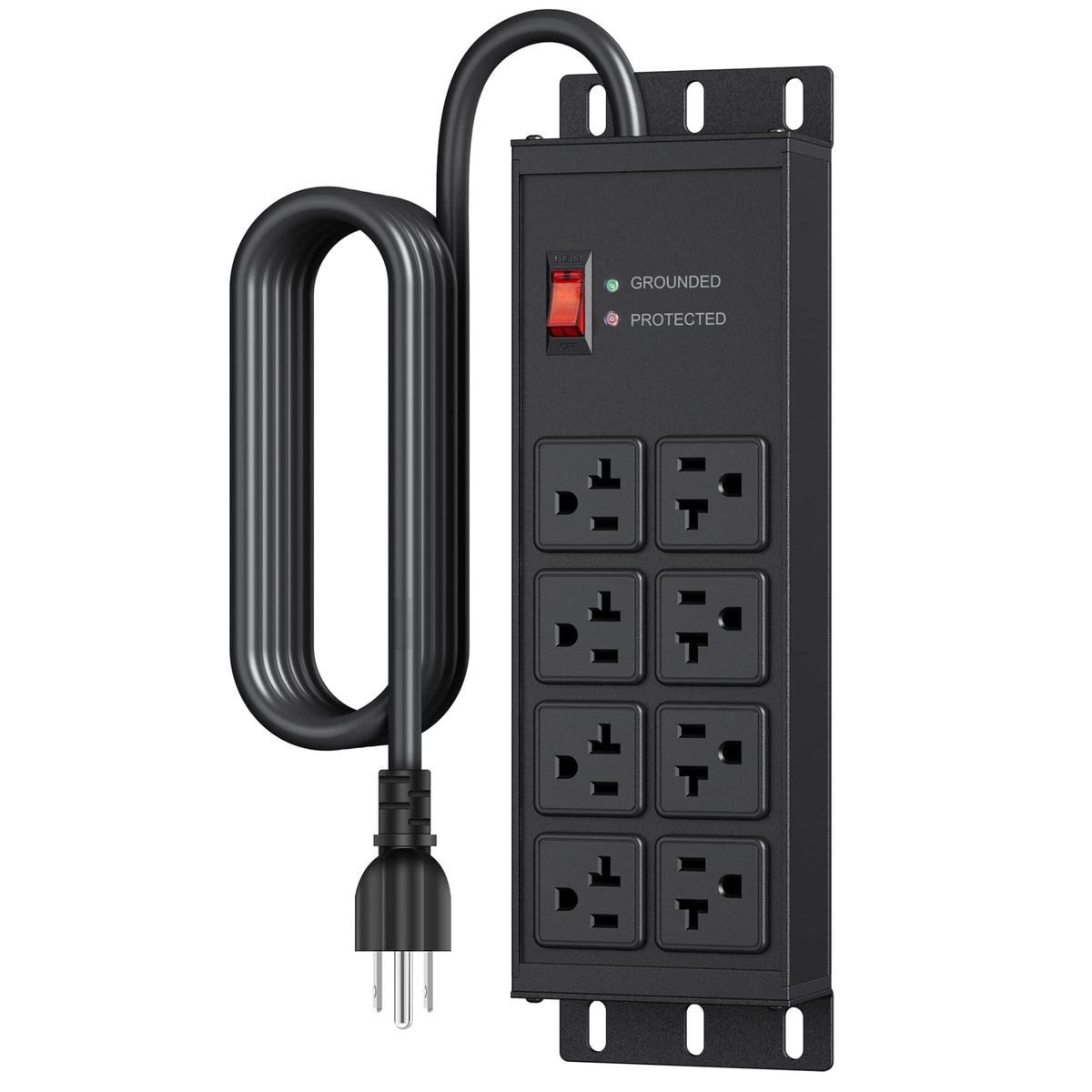 JUNNUJ front view metal power strip showing eight outlets and durable housing benefit: rugged durability