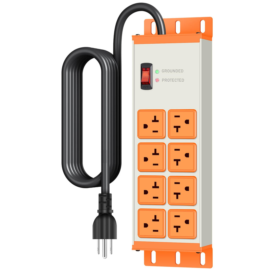 JUNNUJ front view metal surge strip showing eight outlets and durable build for reliable power