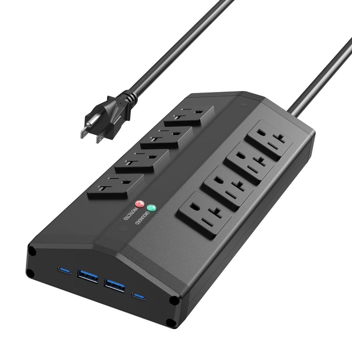 JUNNUJ front view showing eight outlets and four USB ports for versatile power