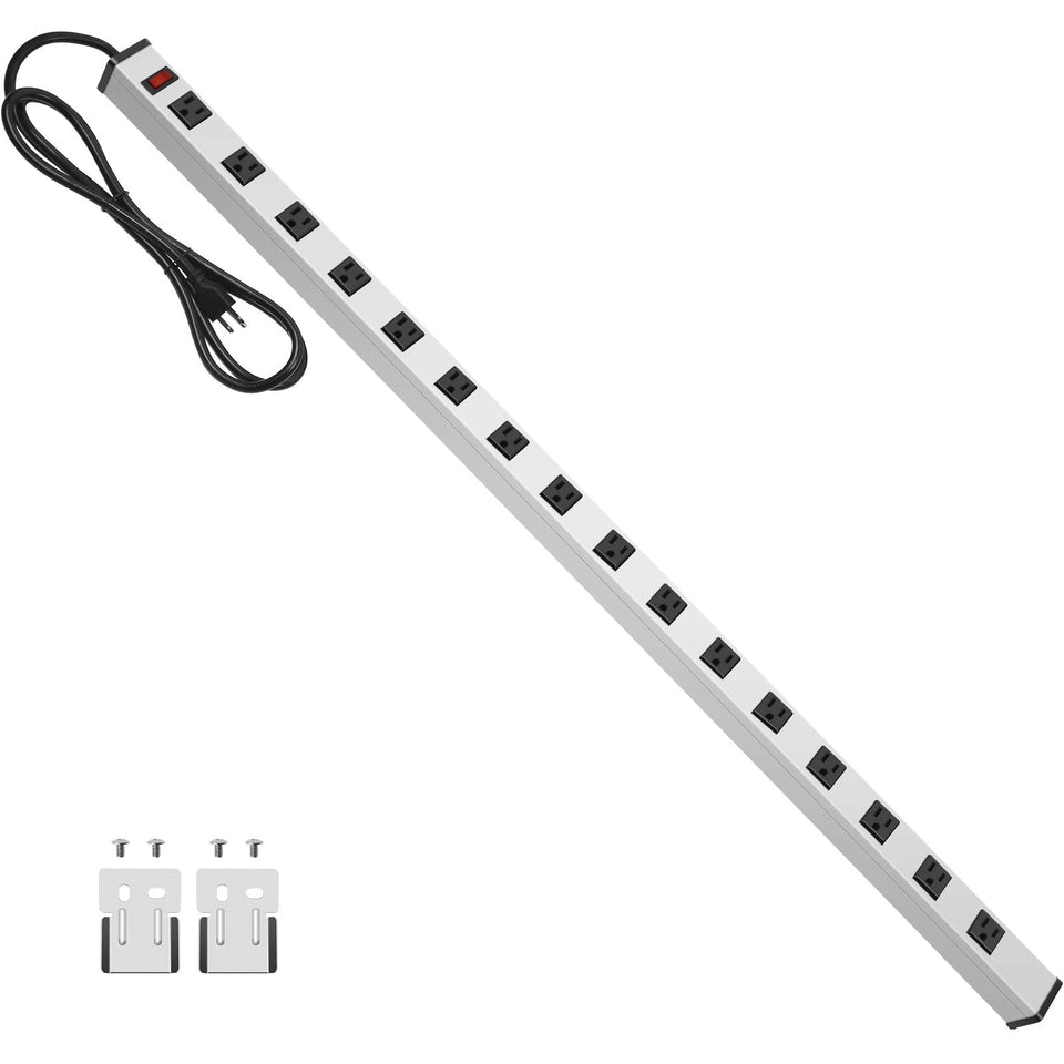 JUNNUJ long metal power strip front view shows full row of 16 outlets and silver housing, improving workspace organization