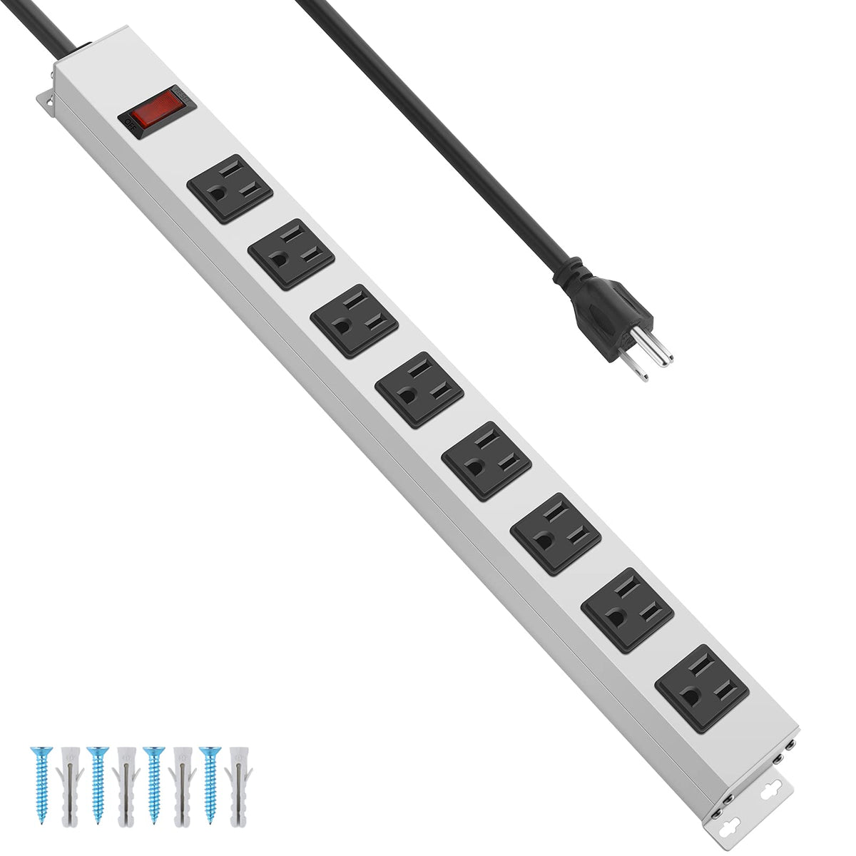 JUNNUJ metal 8-outlet power strip front view showing clean, accessible sockets for multiple devices