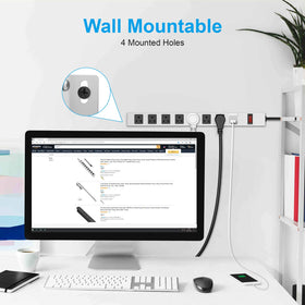 JUNNUJ metal 8-outlet power strip mounted on wall keeps cords organized