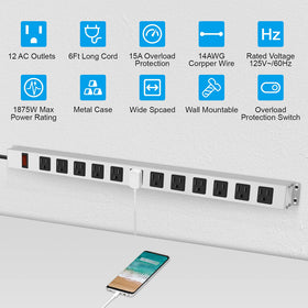 JUNNUJ close-up of widely spaced outlets that prevent bulky plug blocking