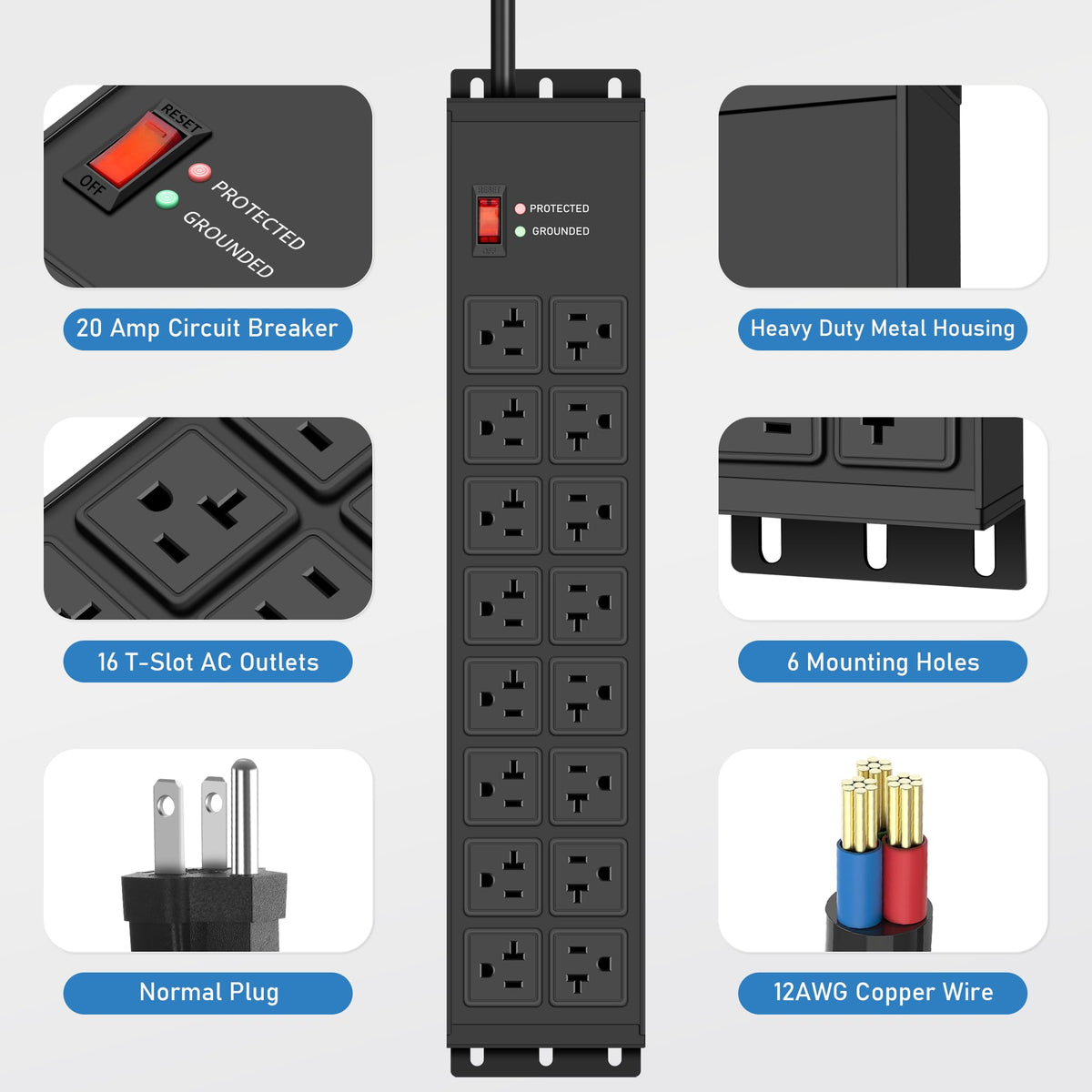 JUNNUJ outlet spacing closeup with wide spacing enabling large plugs and adapters