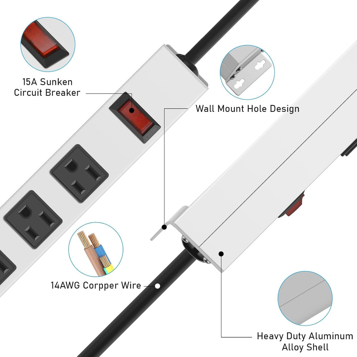 JUNNUJ 3ft 14AWG power cord and grounded plug for high-current reliability
