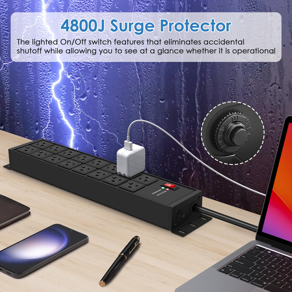 JUNNUJ power strip with mounting brackets for easy wall or desk installation.