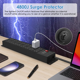 JUNNUJ power strip with mounting brackets for easy wall or desk installation.