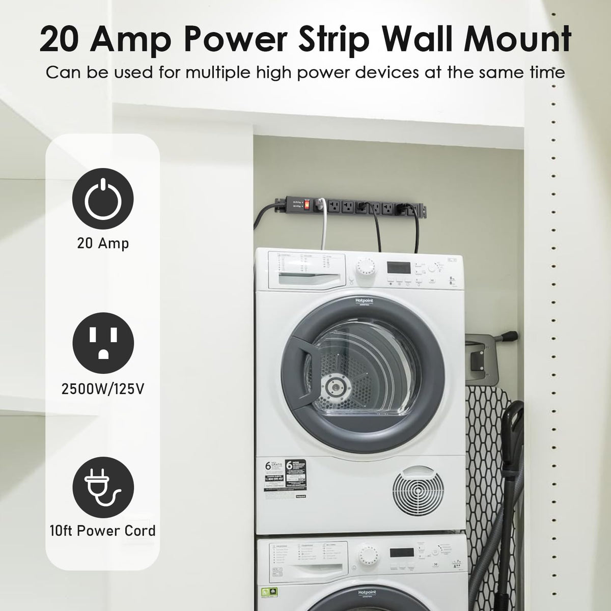 JUNNUJ wall-mount brackets secure the power strip for space-saving setup.