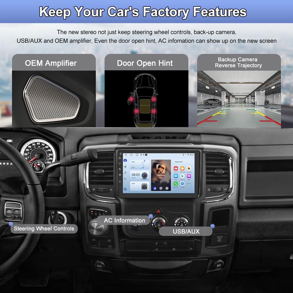 Junsun 9-inch IPS display shows vivid navigation and media clarity in Dodge Ram