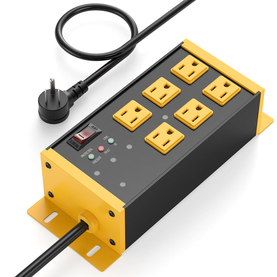 JUNNUJ heavy-duty power strip with 6 outlets powers busy workstations cleanly and safely.
