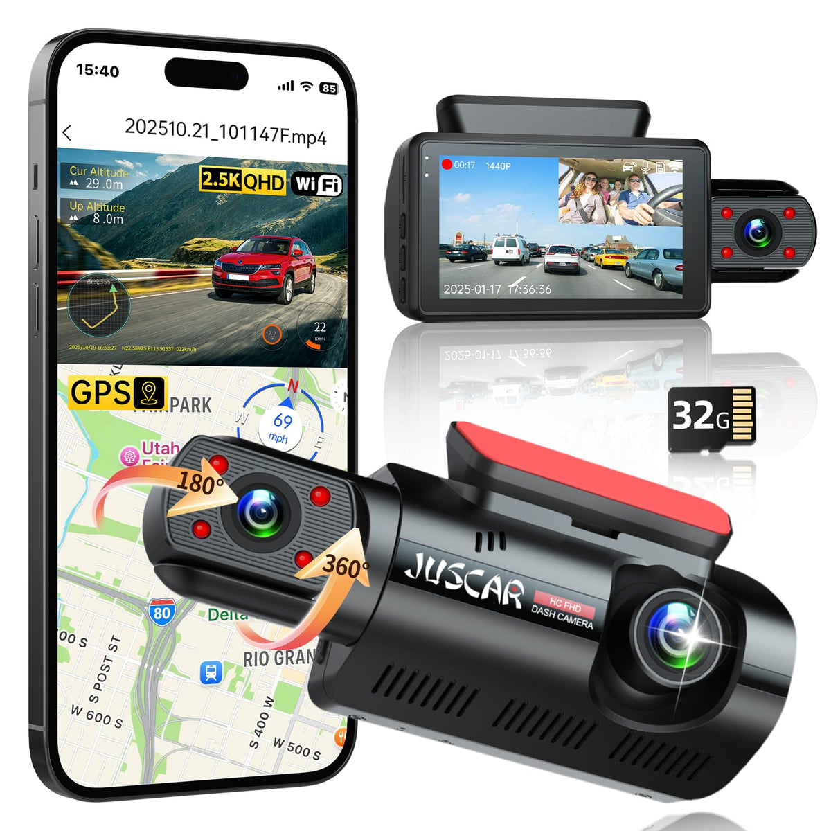 Juscar 2.5K front dashcam captures road signs and plates with crisp detail.