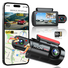 Juscar 2.5K front dashcam captures road signs and plates with crisp detail.