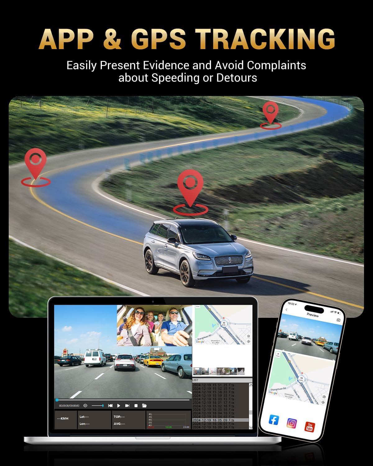 Juscar WiFi and GPS enable quick video access and route tracking.