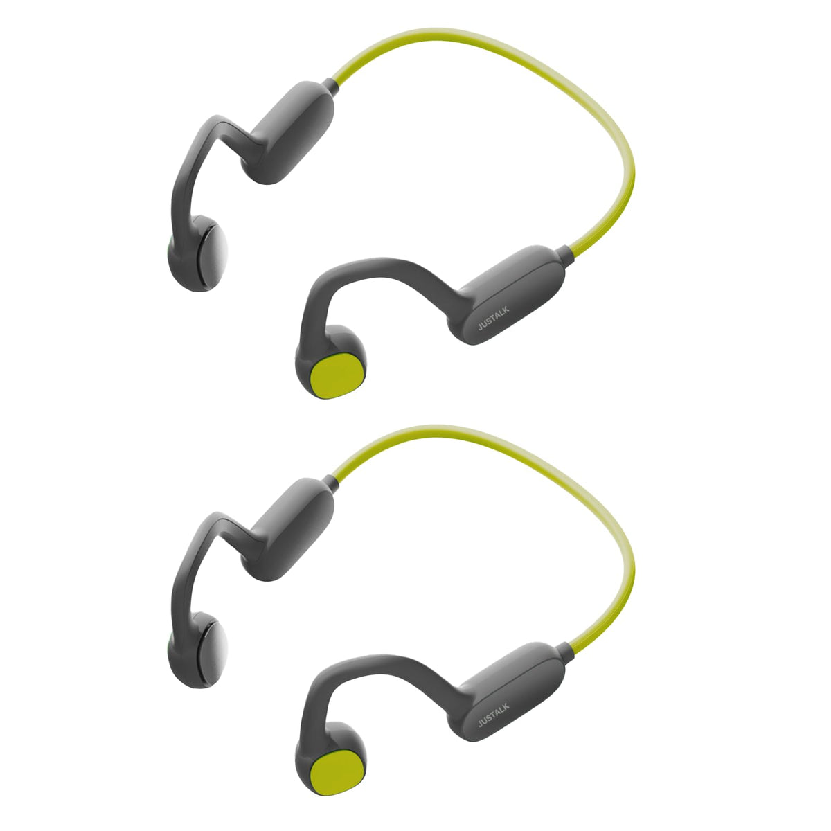 JustTalk 2Pack kids open-ear headphones in green; comfortable fit with ambient sound awareness and IPX5 protection