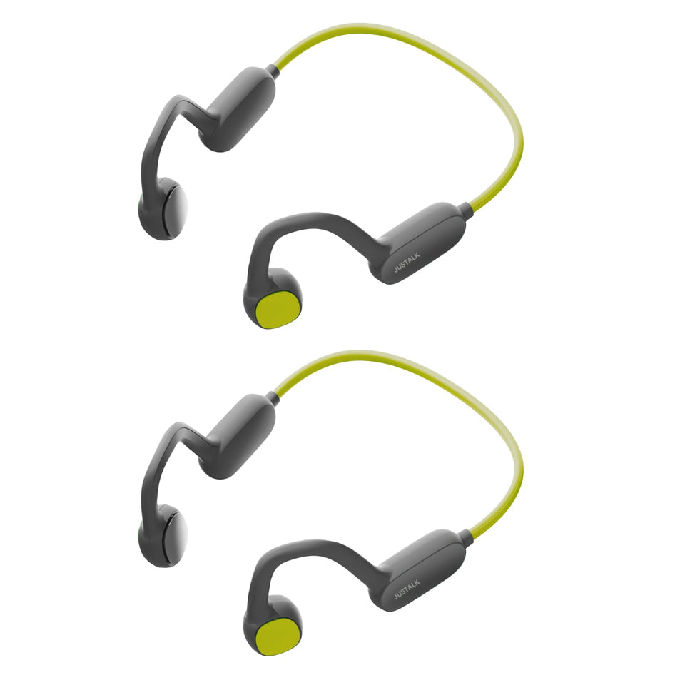 JustTalk 2Pack kids open-ear headphones in green; comfortable fit with ambient sound awareness and IPX5 protection