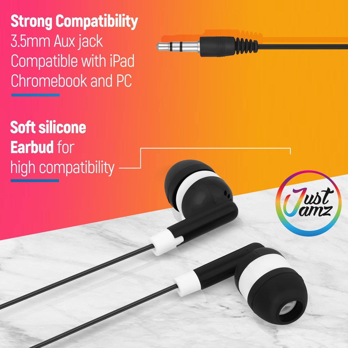 JustJamz bulk earbuds 30-pack side view showing compact design
