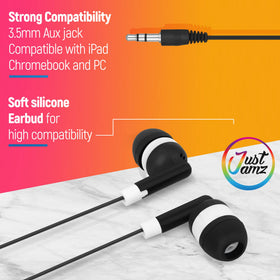 JustJamz bulk earbuds 30-pack side view showing compact design