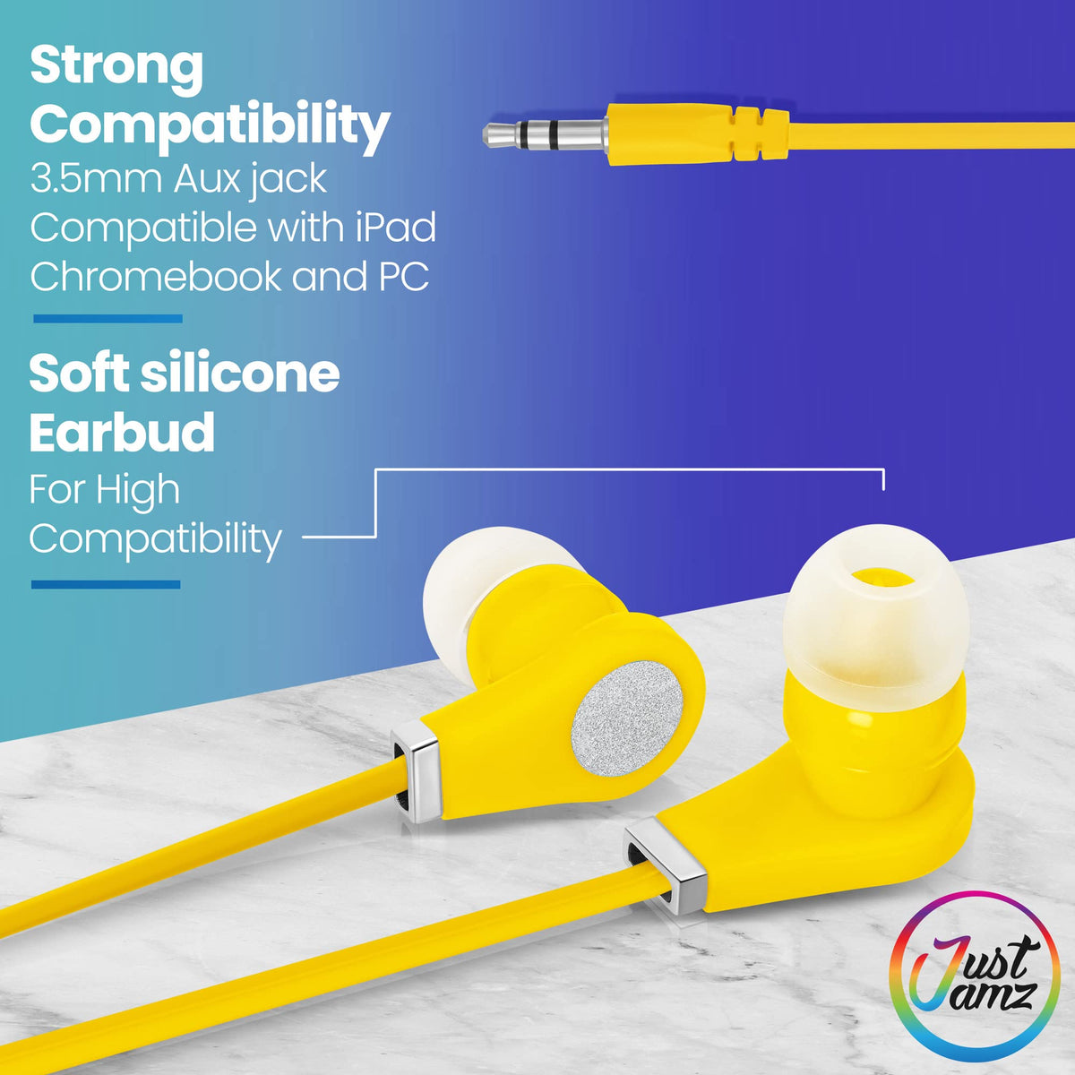 JustJamz comfortable, durable earbuds stay secure during quick classroom movements.