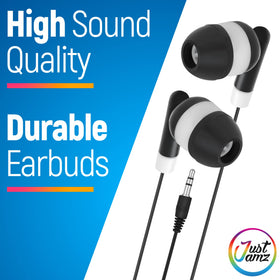 JustJamz earbuds flat cord anti-tangle design reduces snags