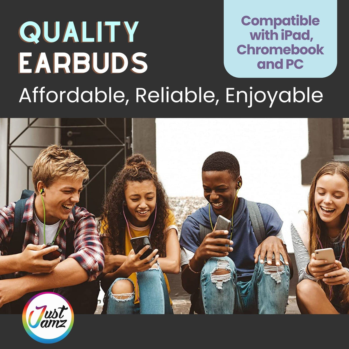 JustJamz earbuds in-use classroom scene suggests shared listening